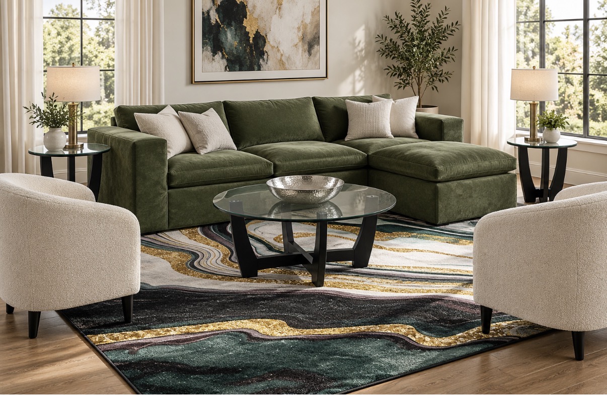 Green sectional in a bright styled living room