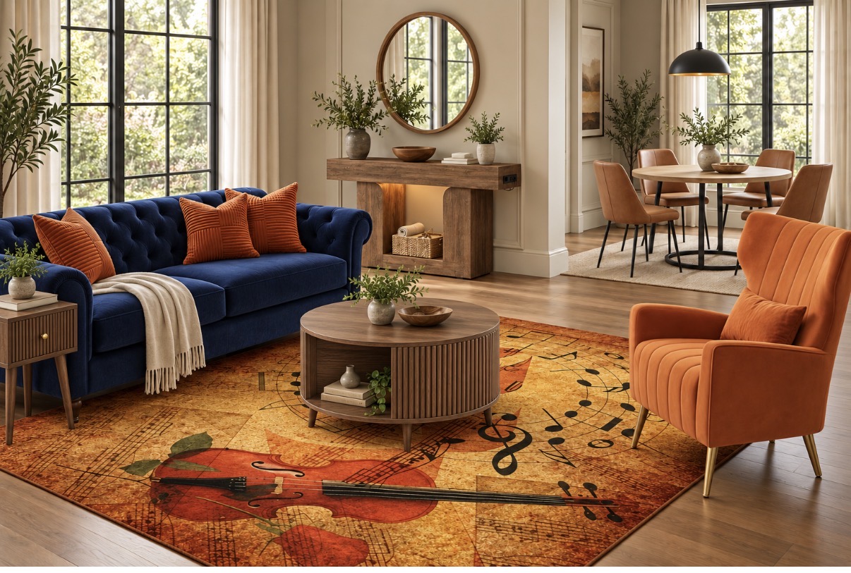 Navy and orange living and dining room
