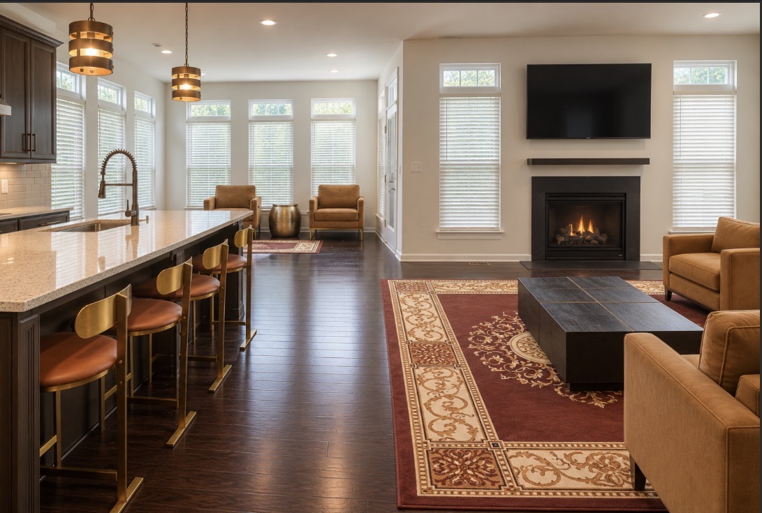 Open-concept kitchen and sitting area with warm leather seating and brass barstools
