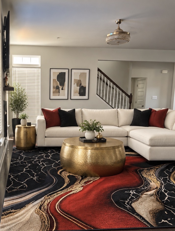 Elegant staged living room in cream, black, red and gold