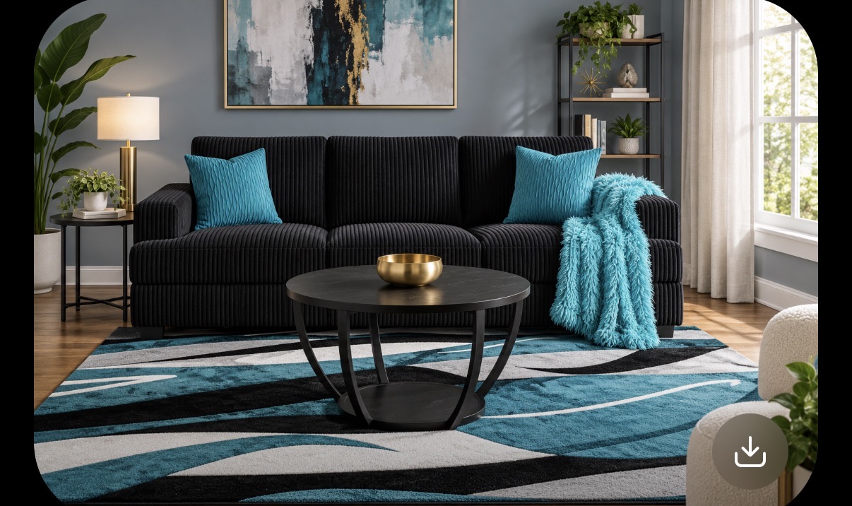 Black sofa with turquoise accents